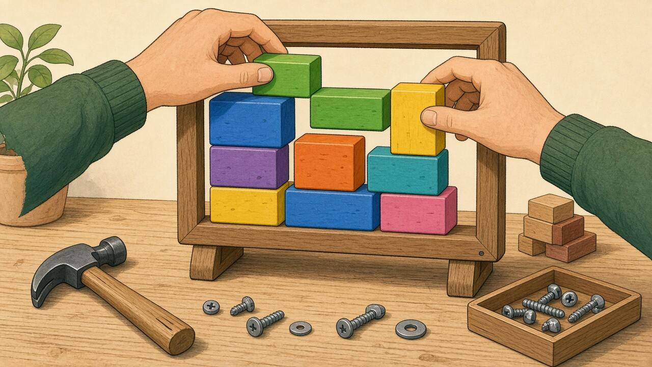 Hands building a simple website from coloured blocks